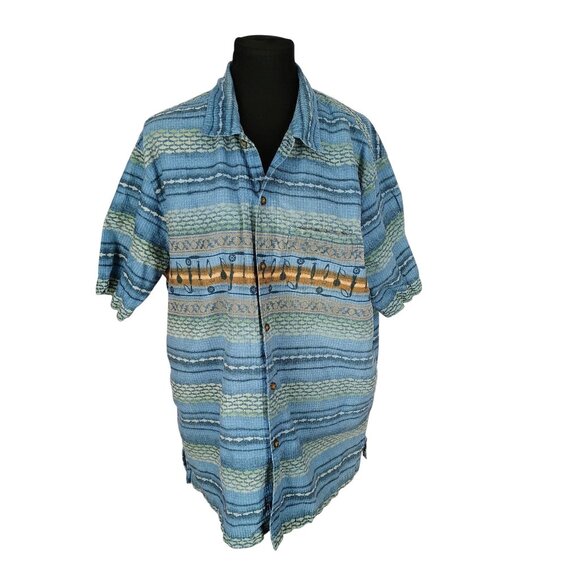 Vintage Woolrich Shirt Mens XL Blue Gold Fishing Fish Button Up Short Sleeve Top - Picture 1 of 8